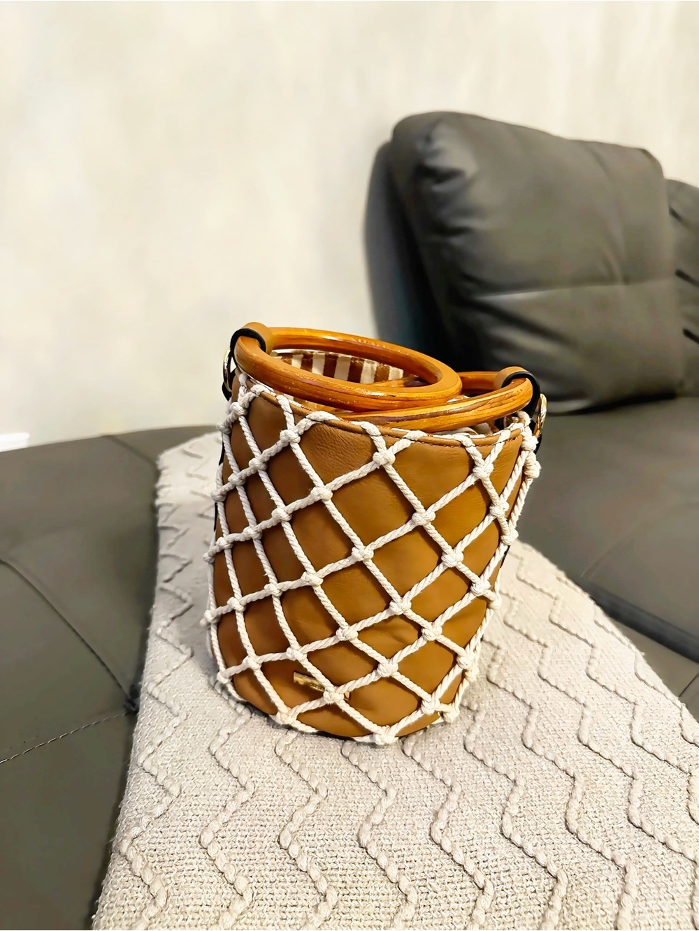 Tan Bucket Bag with White Net Overlay